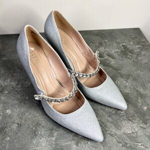 BCBGeneration silver glitter Mary Jane heel rhinestone strap size 8.5